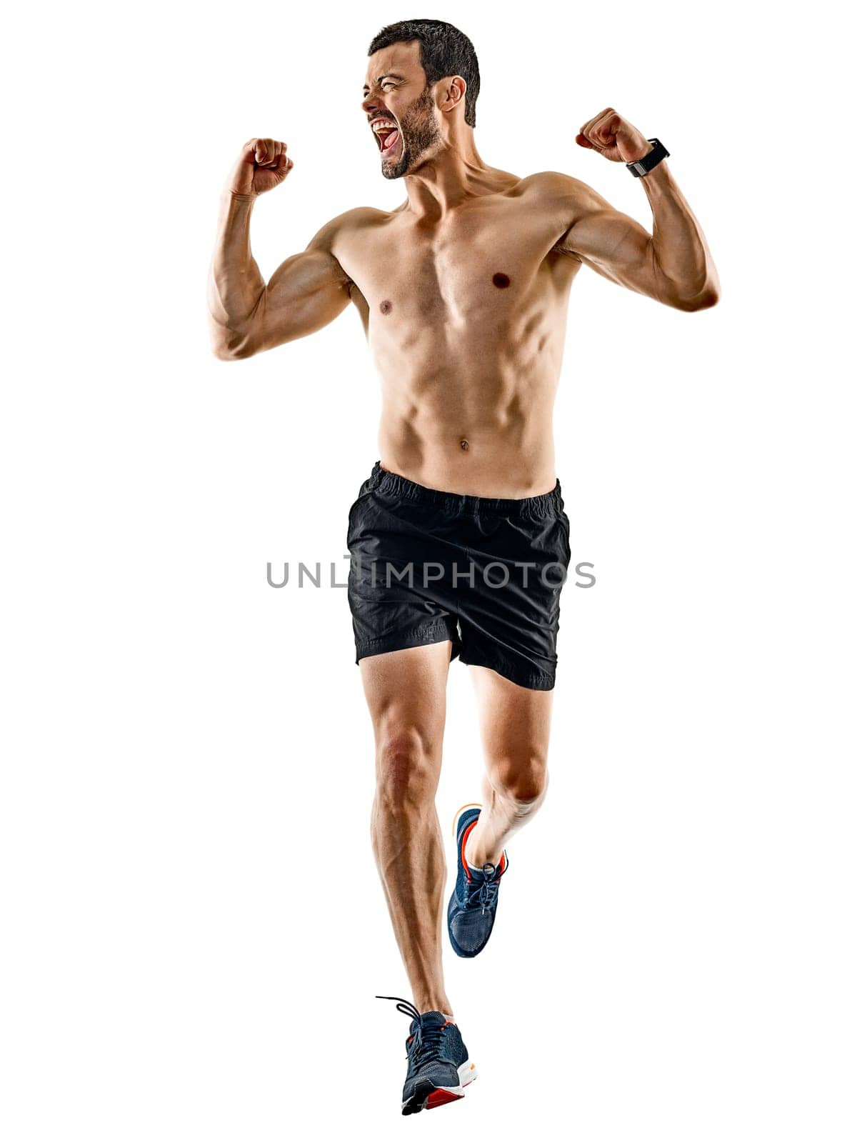 one caucasian man runner jogger running jogging isolated on white background with shadows
