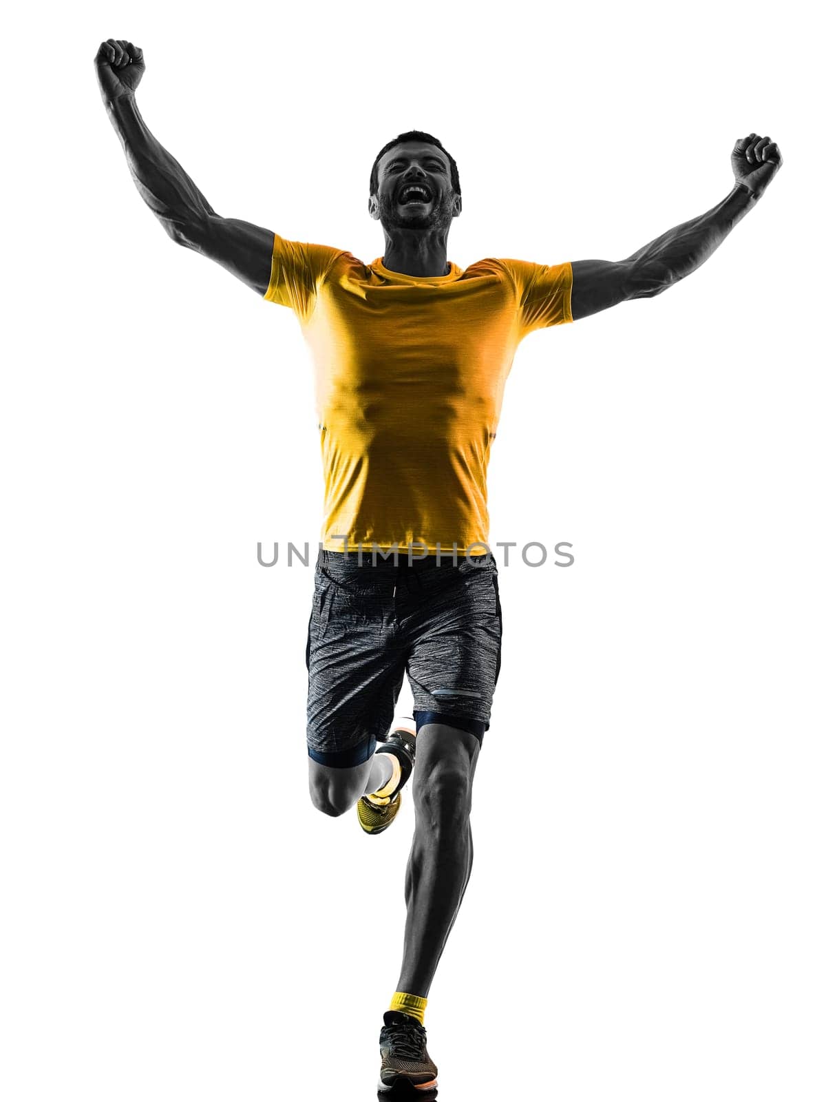 one caucasian man runner running jogging jogger happy silhouette isolated on white background