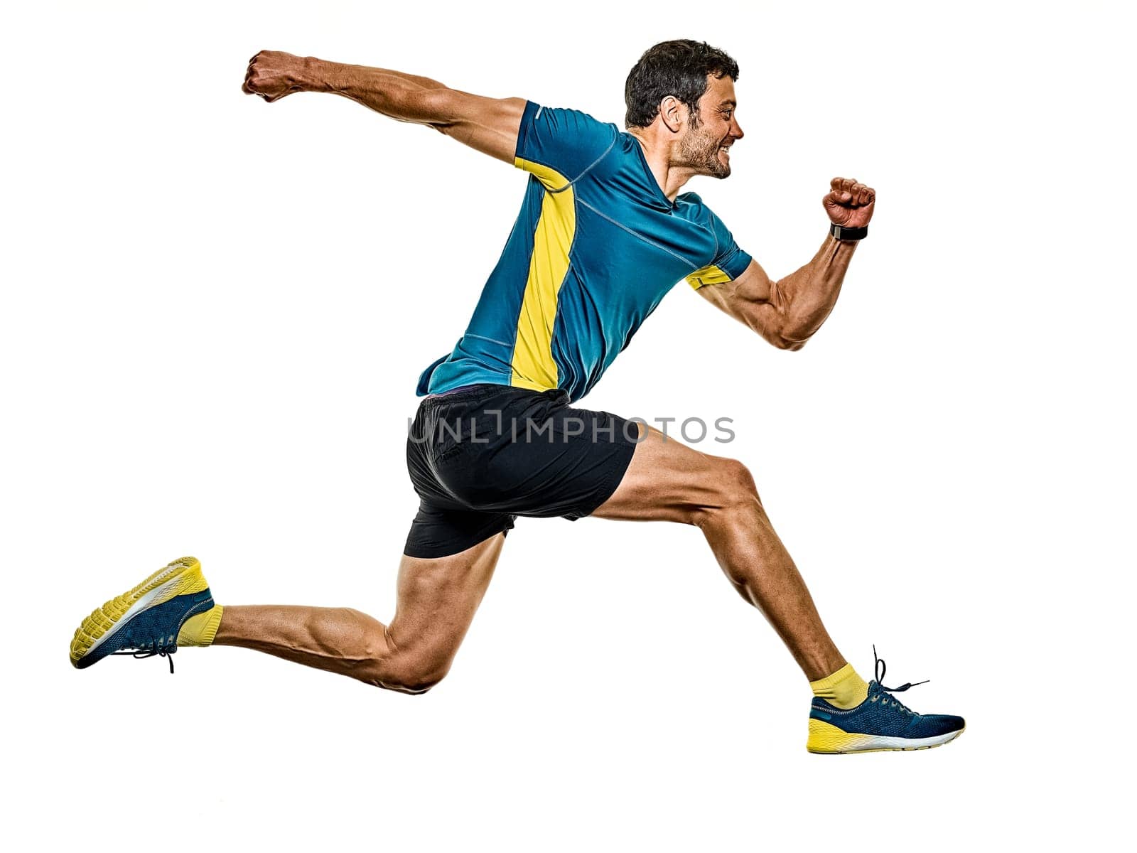 one caucasian handsome mature man running runner jogging jogger isolated on white background