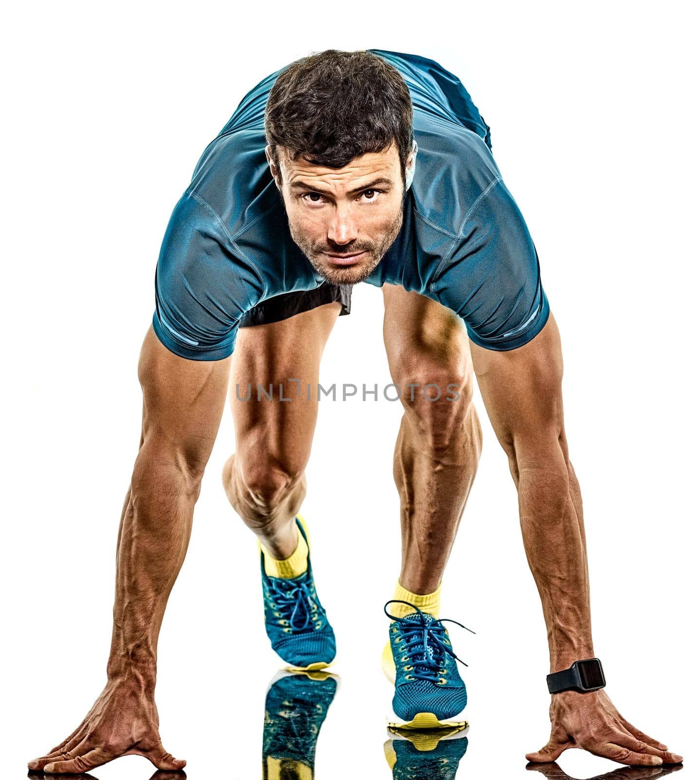 one caucasian handsome mature man running runner jogging jogger isolated on white background
