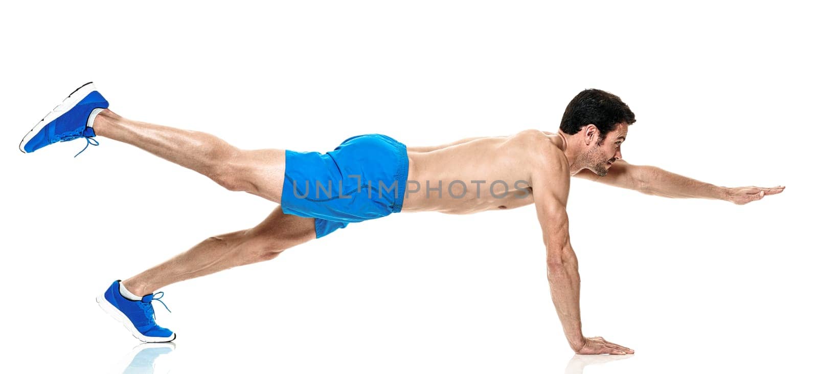 one caucasian man exercising fitness exercises isolated on white background