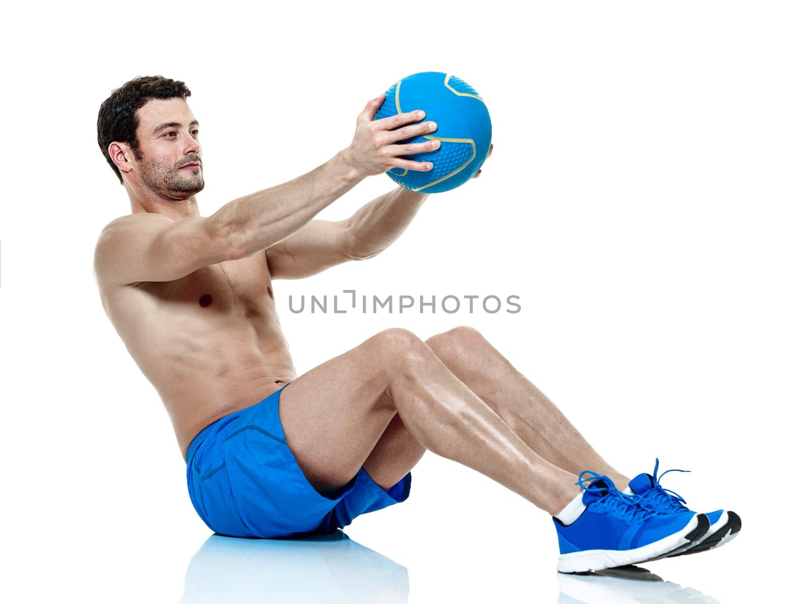 one caucasian man exercising fitness exercises isolated on white background