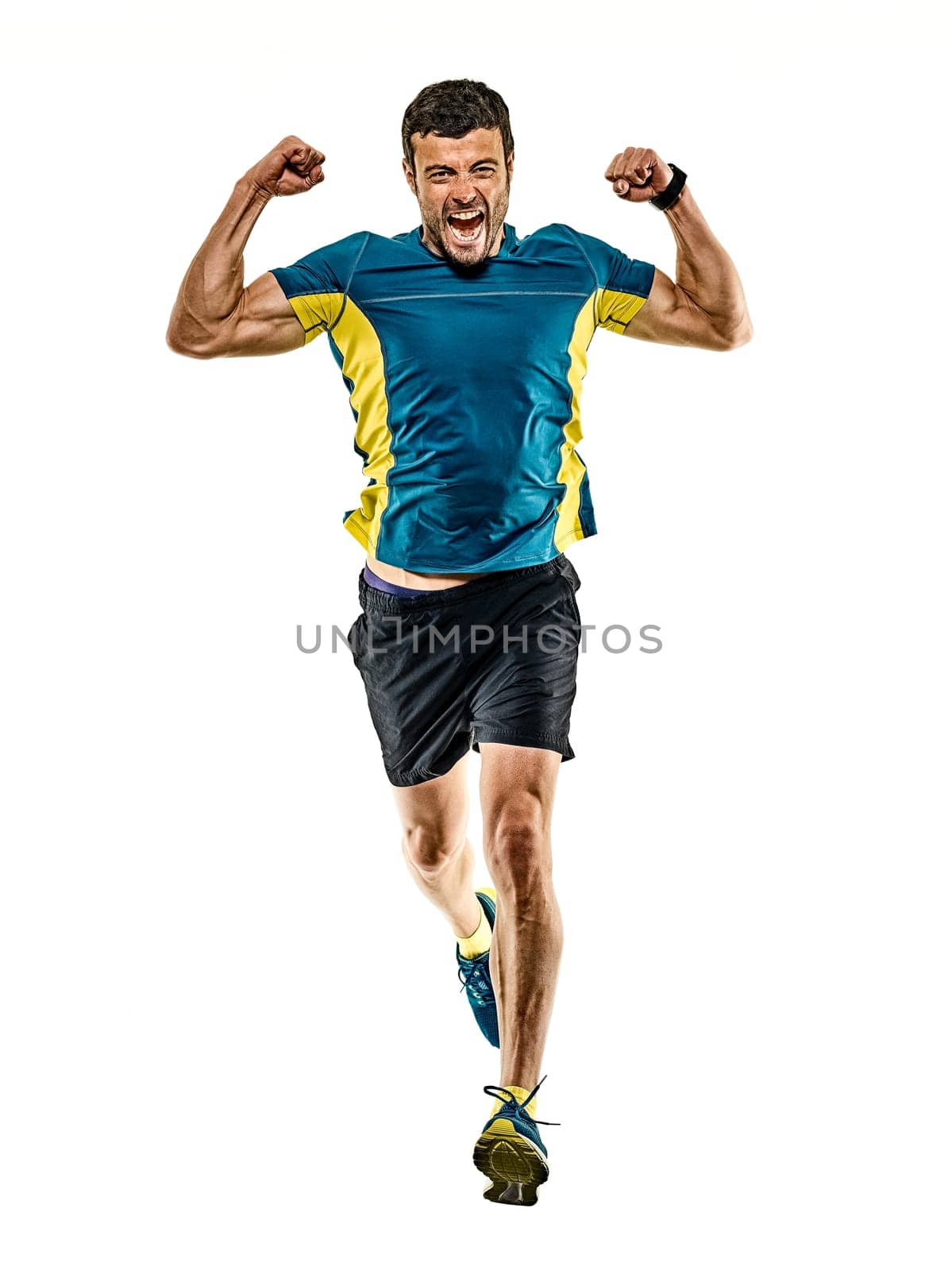 one caucasian handsome mature man running runner jogging jogger isolated on white background