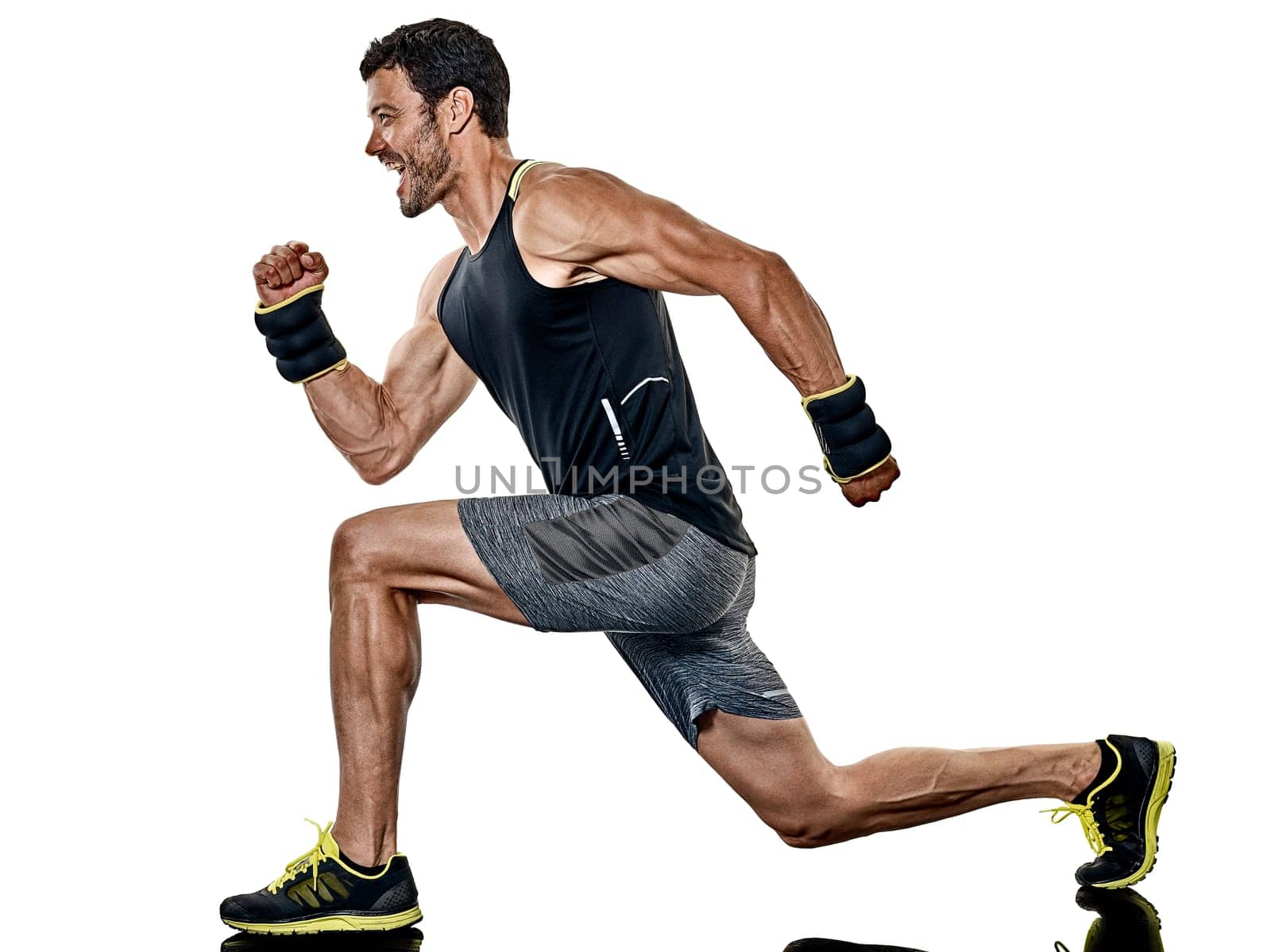 one caucasian fitness man exercising cardio boxing exercises in studio isolated on white background
