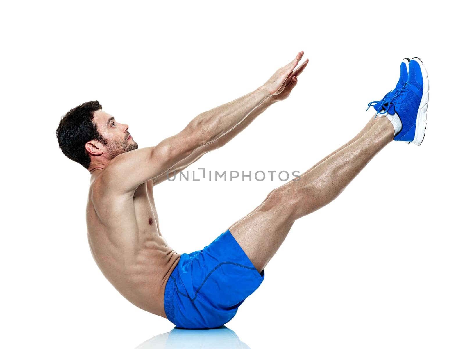 one caucasian man exercising fitness exercises isolated on white background
