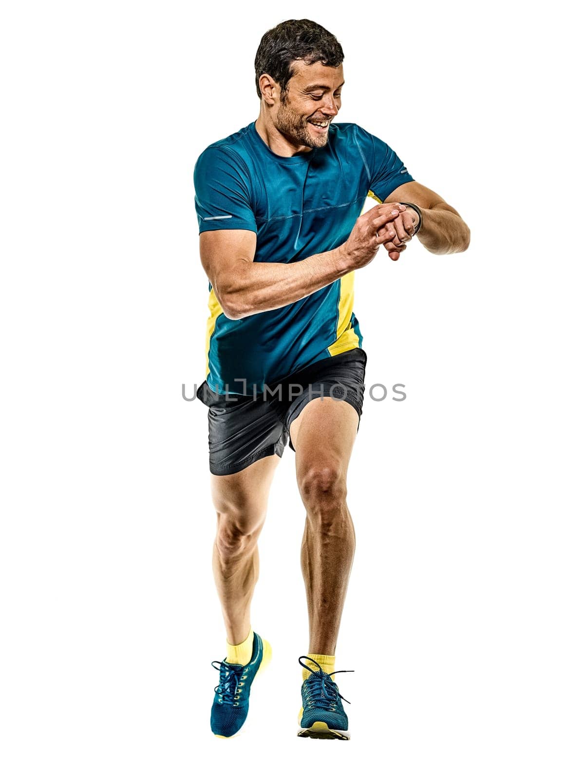 one caucasian handsome mature man running runner jogging jogger isolated on white background