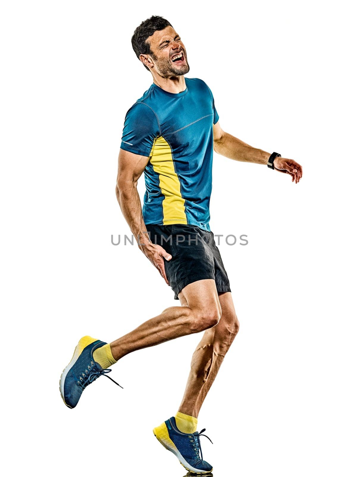 one caucasian handsome mature man running runner jogging jogger isolated on white background