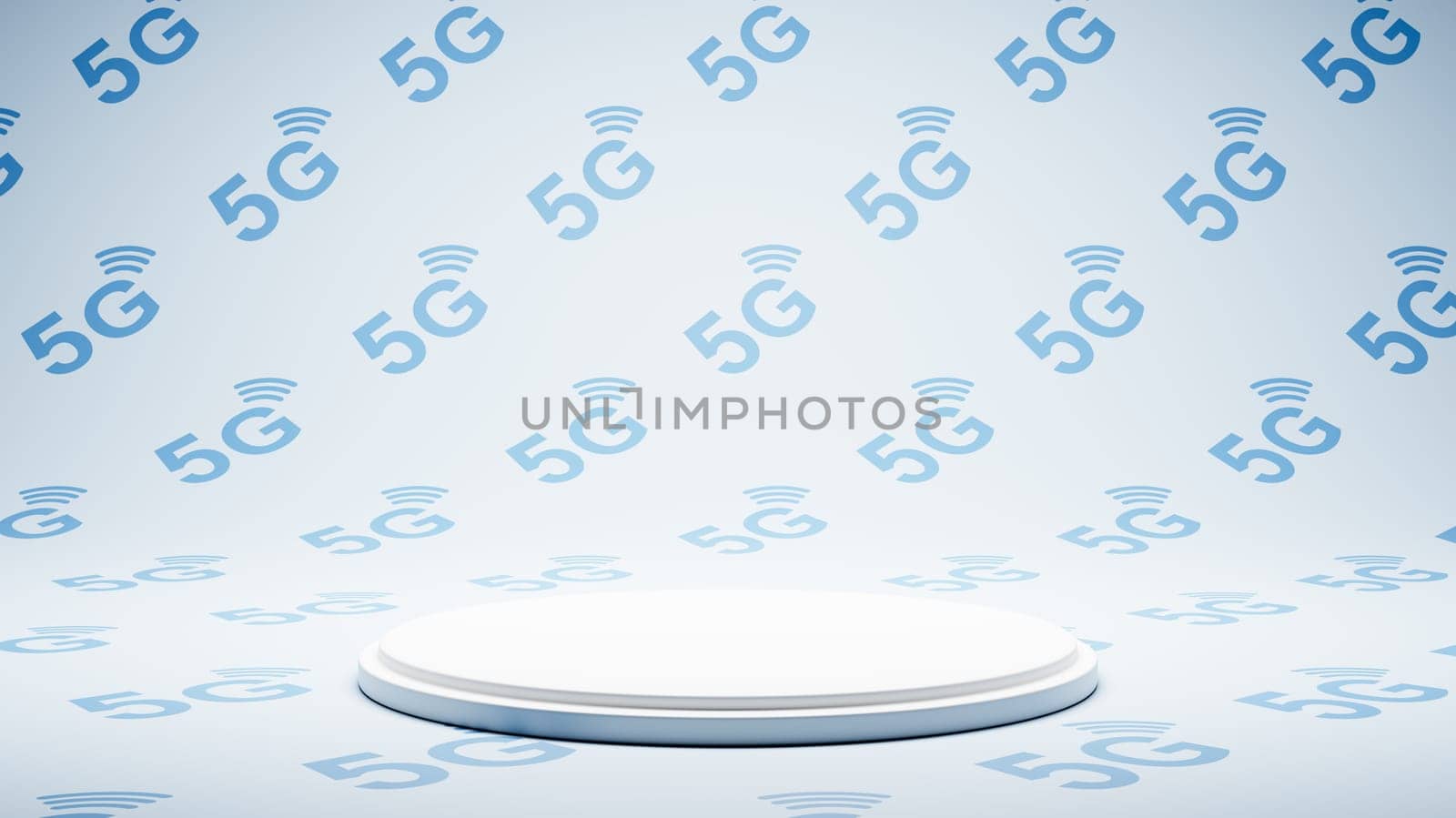 Empty White Platform on Blue 5G Pattern Studio Background 3D Render Illustration