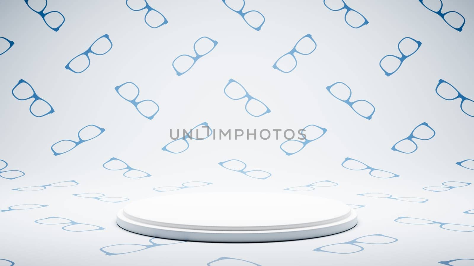 Empty White Platform on White and Blue Glasses Shape Pattern Studio Background 3D Render Illustration