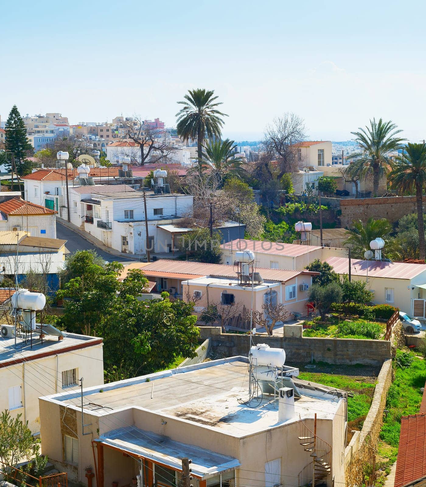 Aerial skyline of Paphos town, houses of typical architecture, Cyprus