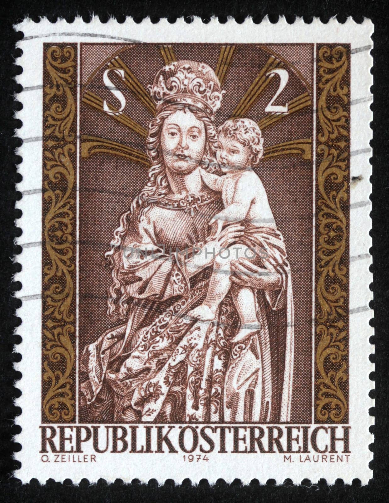 Christmas stamp printed in Austria shows Madonna and Child, circa 1974