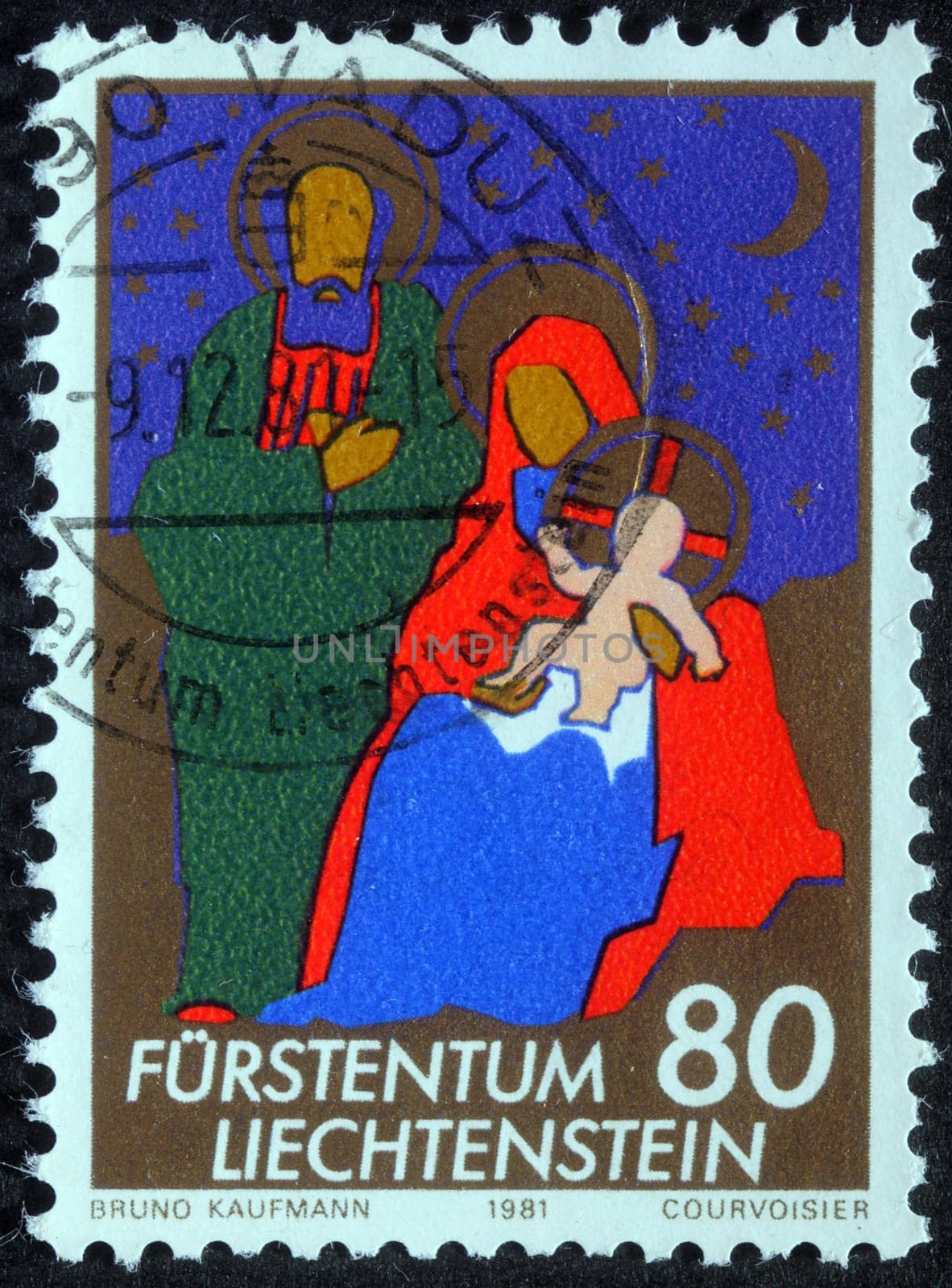 Christmas stamp printed in Liechtenstein shows Holy Family, circa 1981
