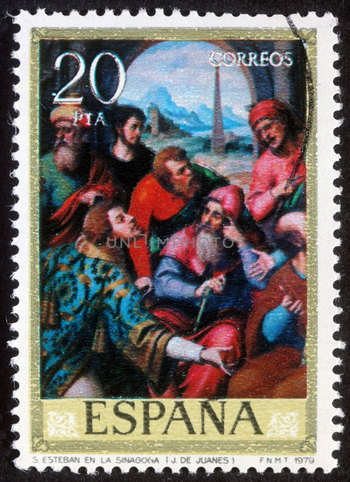 Stamp printed in Spain shows St. Stephen in the synagogue, circa 1979