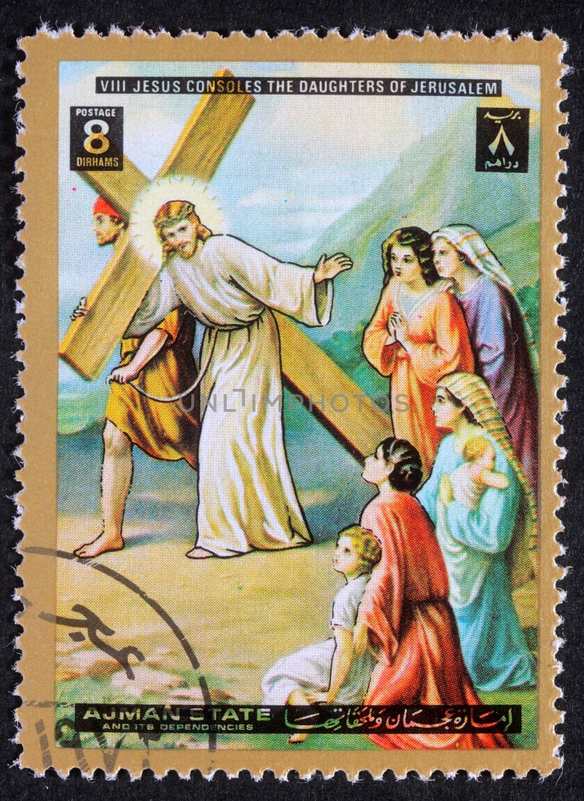 Stamp printed in Ajman shows 8th Stations of the Cross, circa 1980