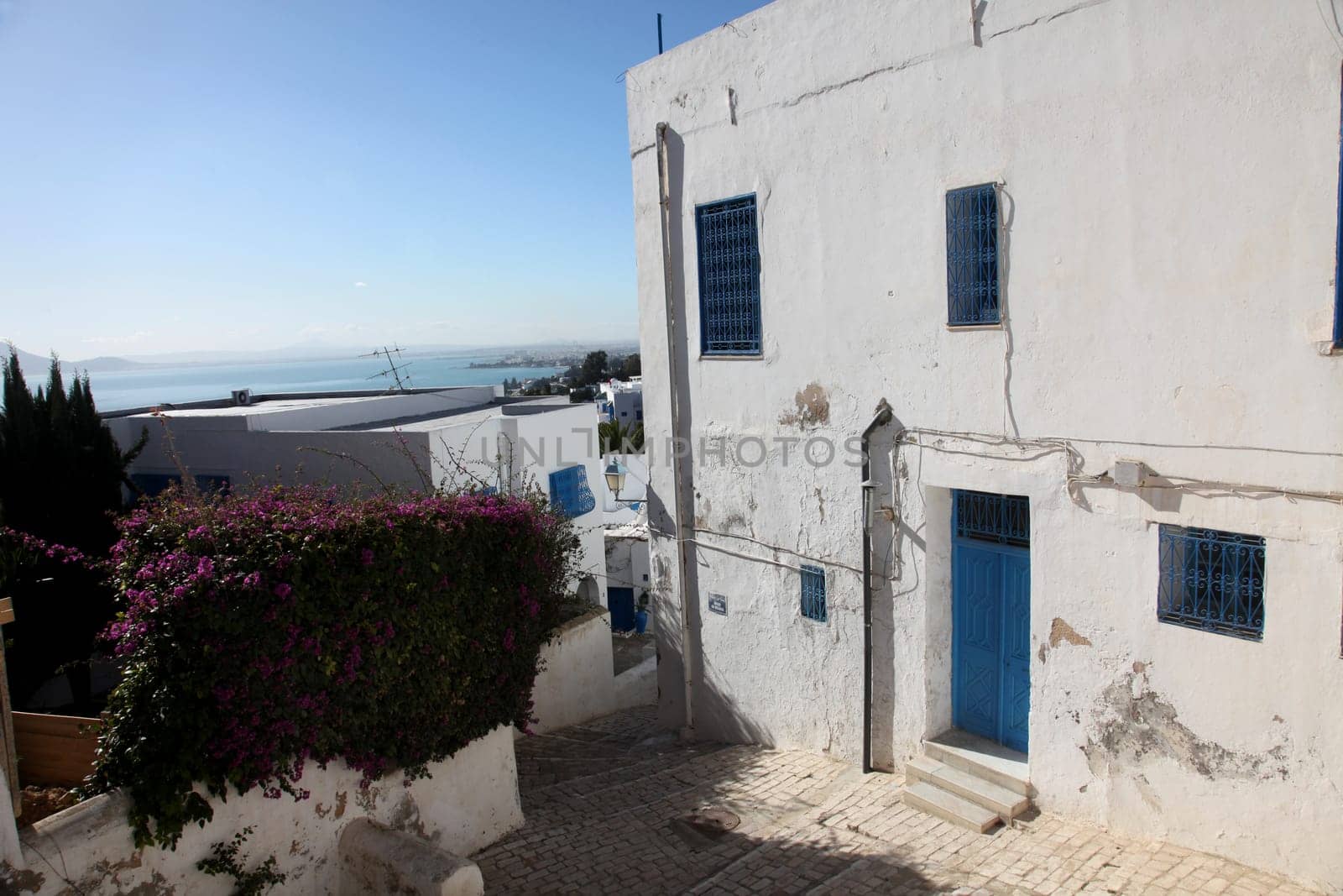 Sidi Bou Said - typical building with white walls, blue doors and windows, Tunisia