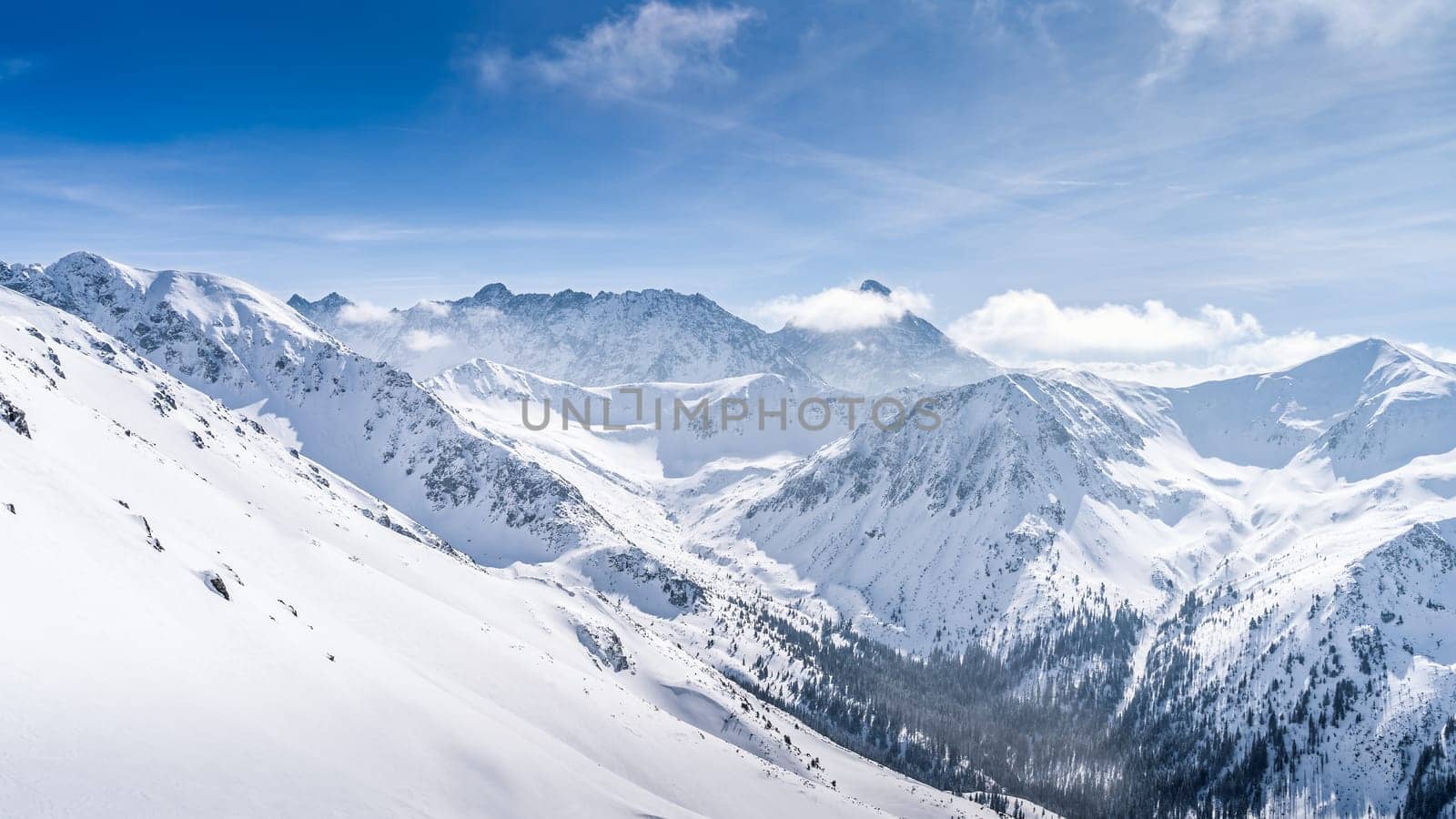 View from Kasprowy Wierch at pine forest with winter coating in the valley. Snow capped mountain peaks of Tatra Mountains, Bukowina Tatrzanska, Poland