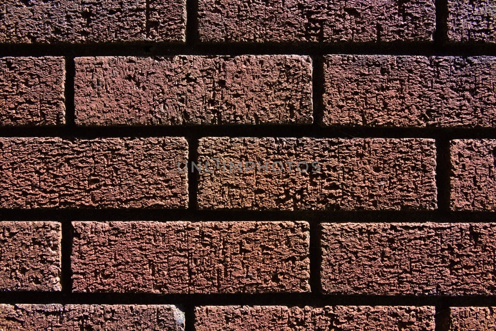 2 - Abstract texture close up of a red brick wall shadows and bright highlights make contrasted image. Fine grain and structure visible. Horizontal.