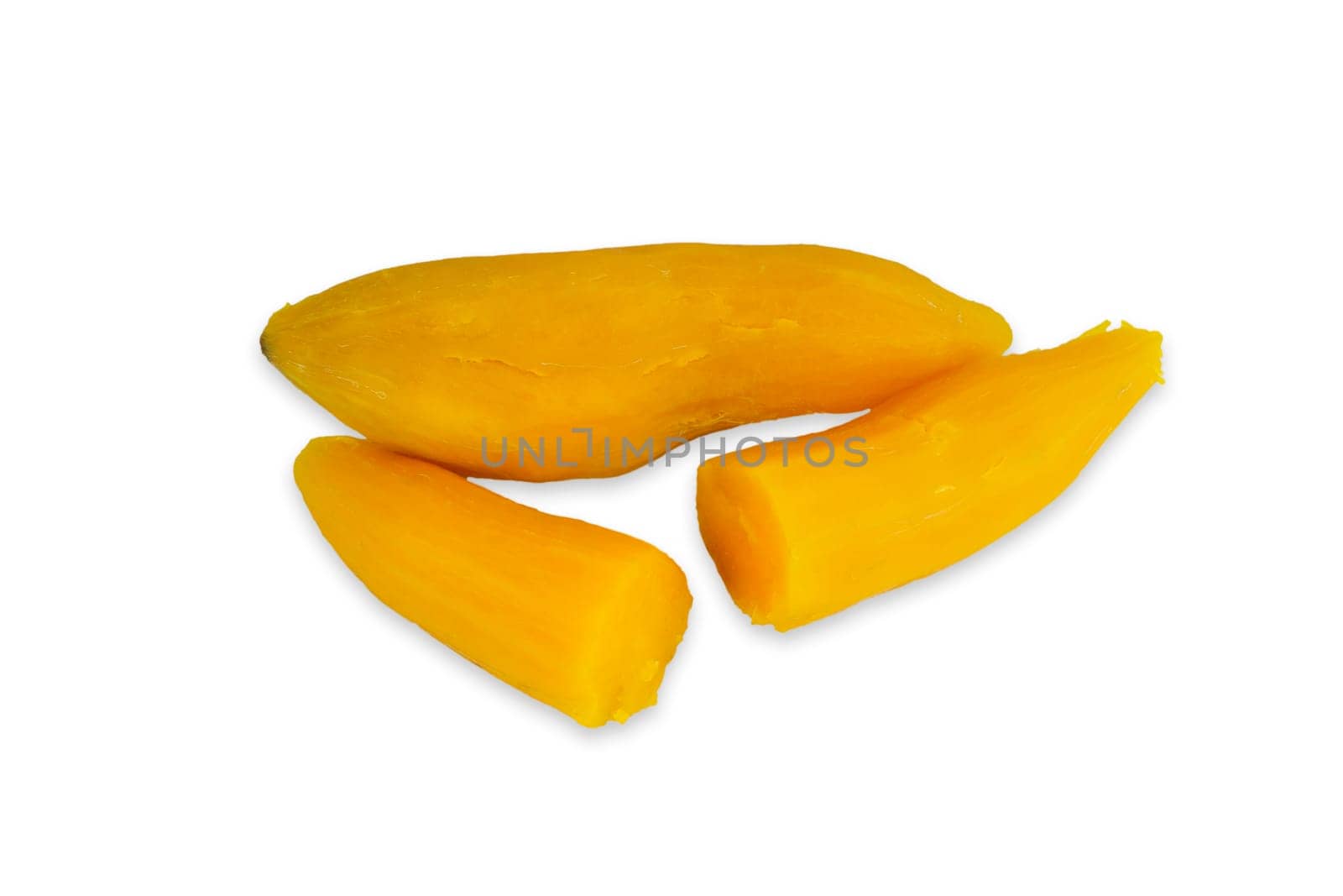 Ubi rebus or steam cassava is traditional malay dish on white background. Selective focus