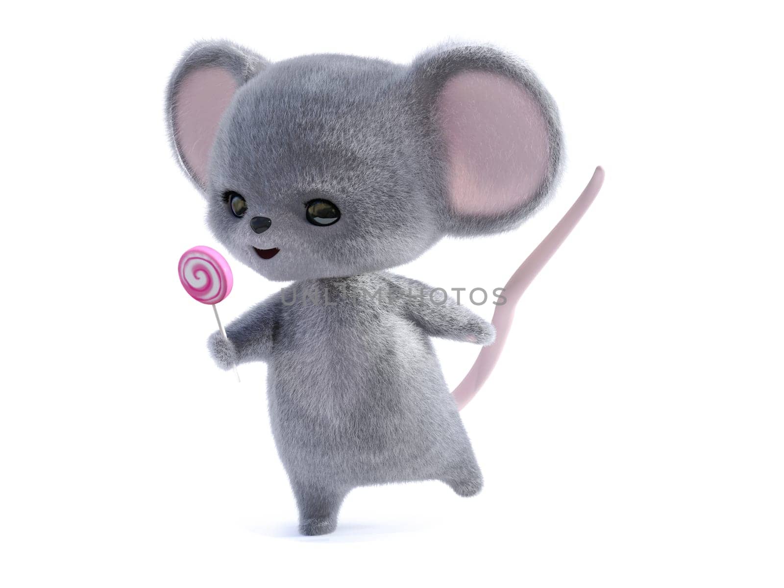 3D rendering of an adorable kawaii furry smiling mouse holding a pink lollipop. White background.