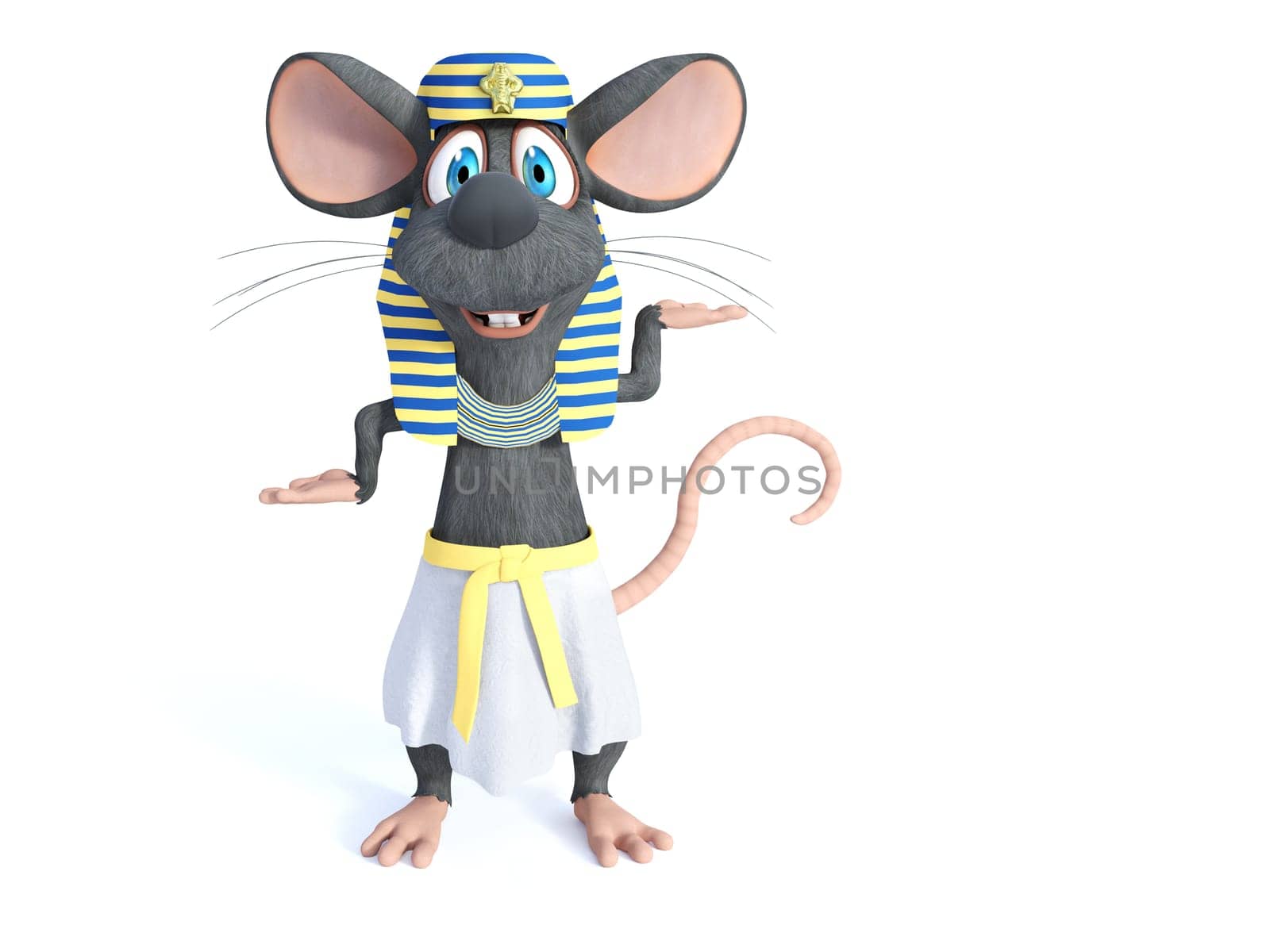 3D rendering of a cute smiling cartoon mouse dressed in an ancient Egyptian style. White background.