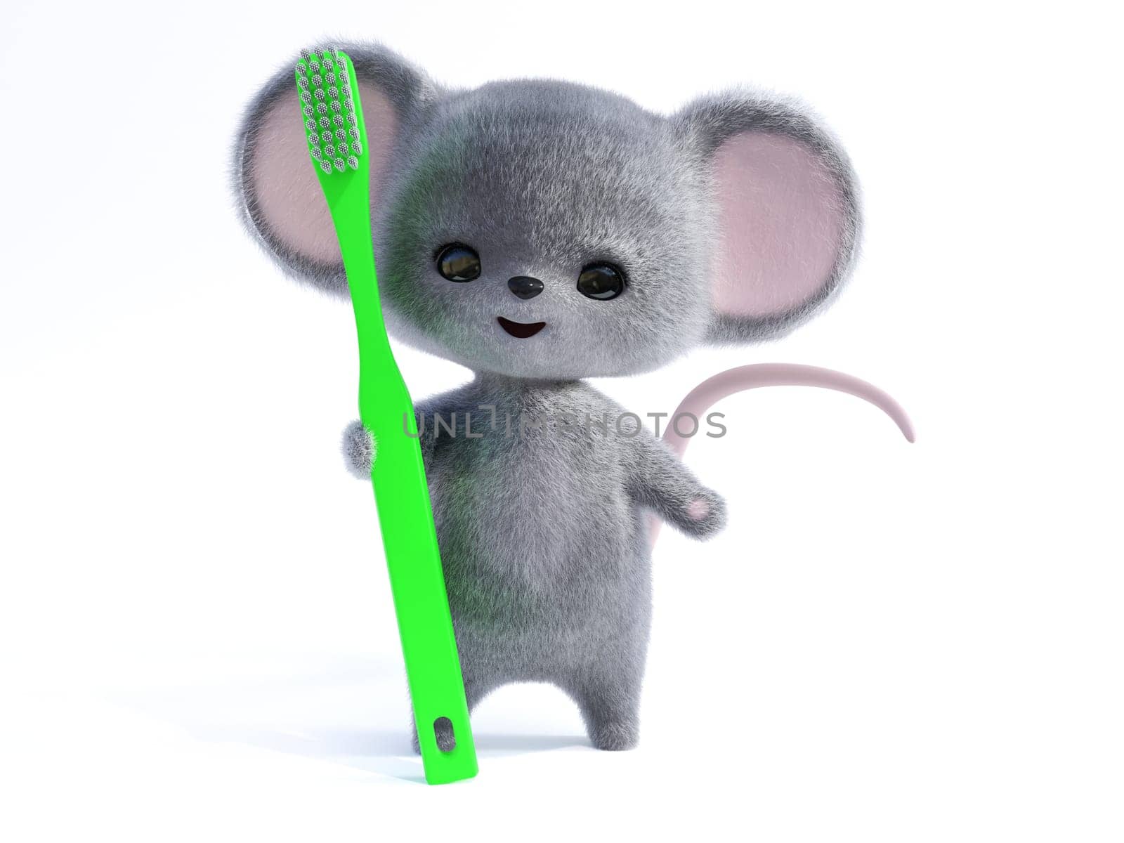 3D rendering of an adorable kawaii furry smiling mouse holding a very big green toothbrush. Ready to brush its teeth! White background.