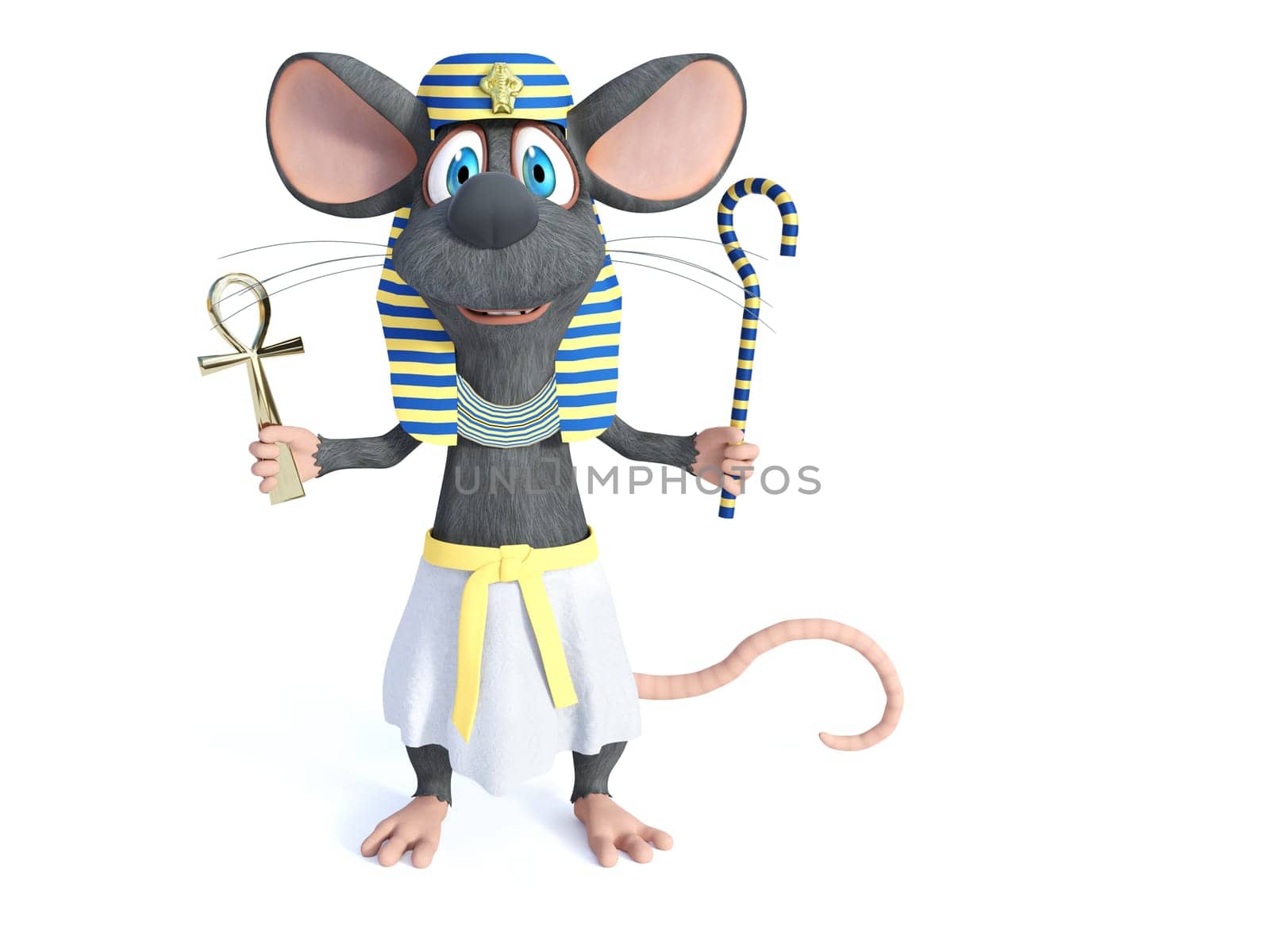 3D rendering of a cute smiling cartoon mouse dressed in an ancient Egyptian style, holding an Ankh and a shepherd's crook sceptre. White background.