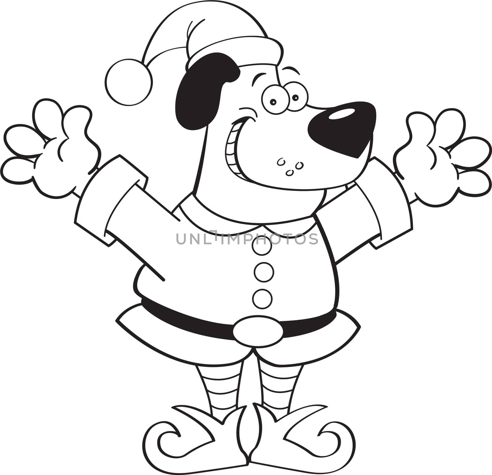 Black and white illustration of a dog dressed as an elf.