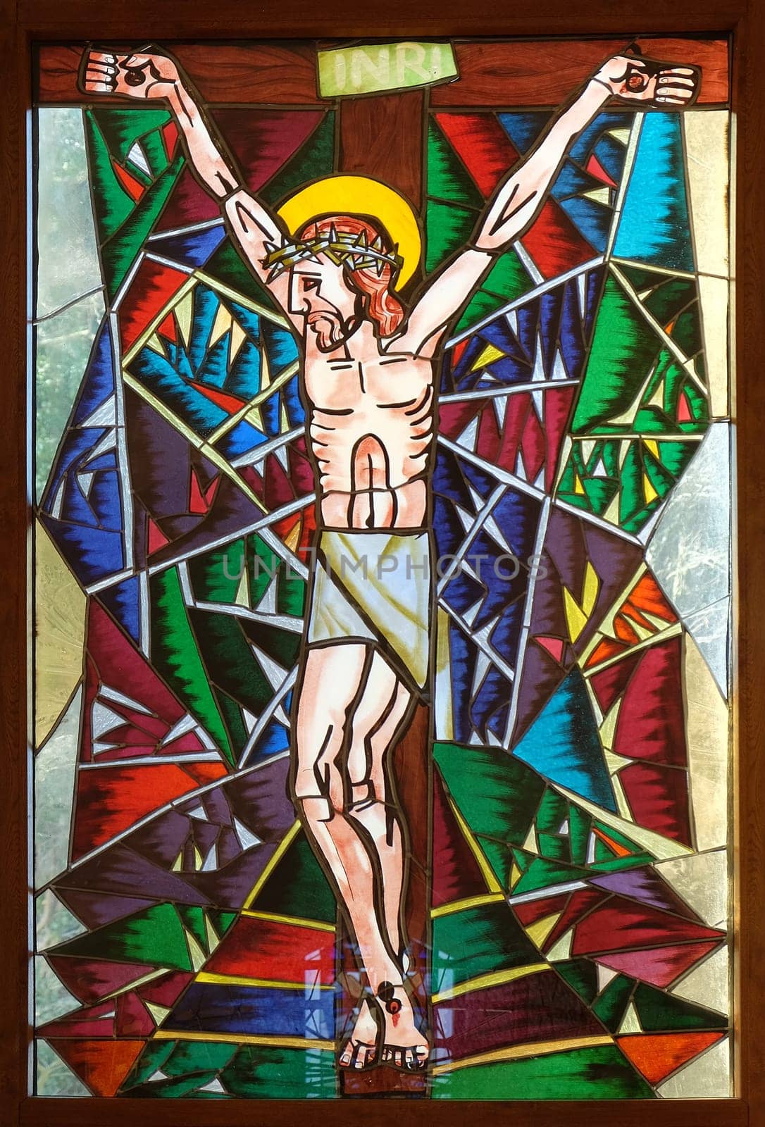 Crucifixion, stained glass window in Memorial Church of the Passion of Jesus in Macelj, Croatia