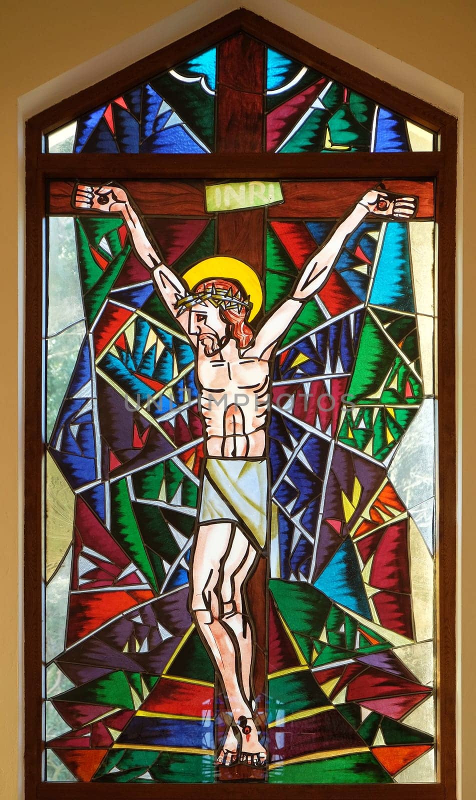 Crucifixion, stained glass window in Memorial Church of the Passion of Jesus in Macelj, Croatia