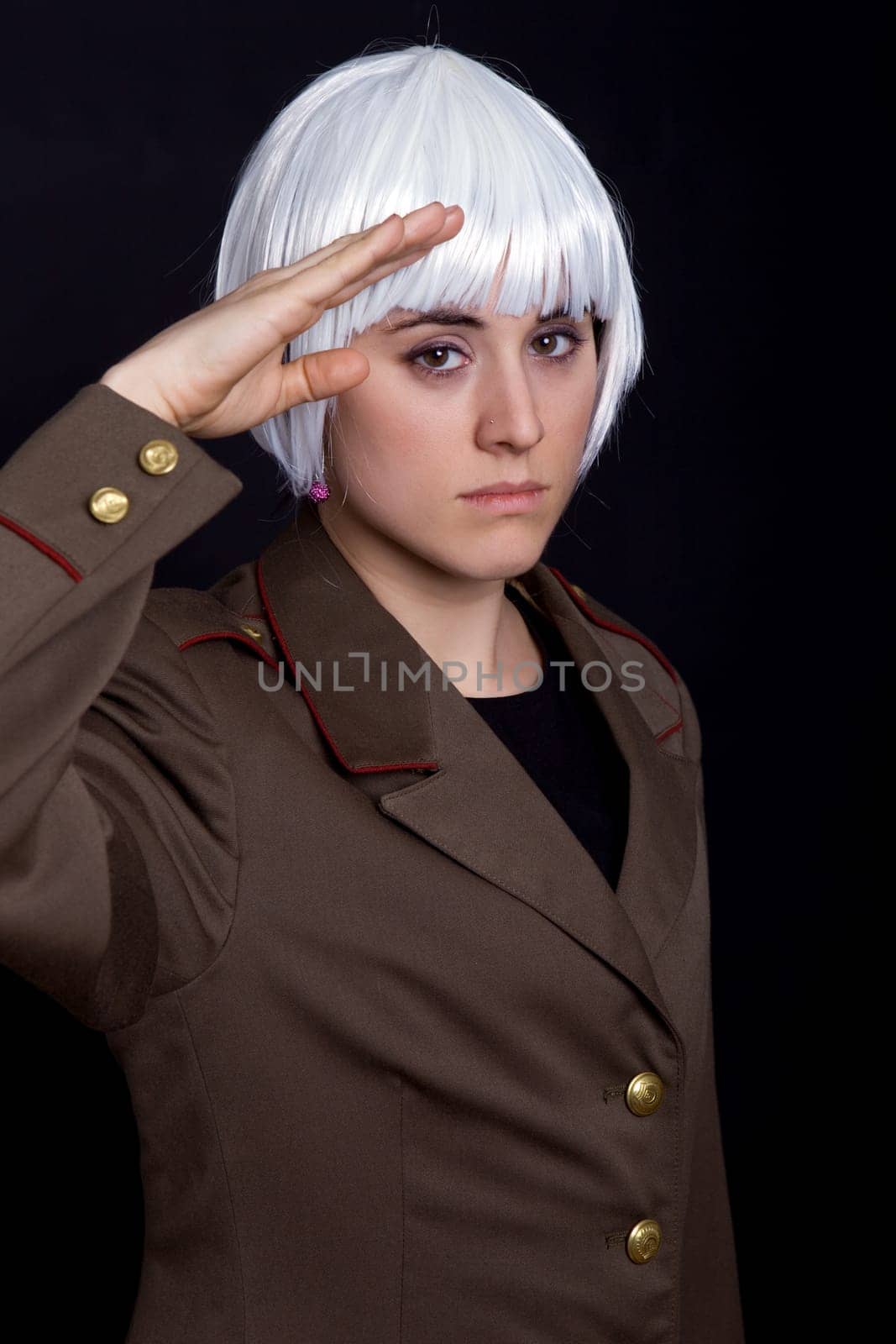 young woman with a russian army coat and a white wig