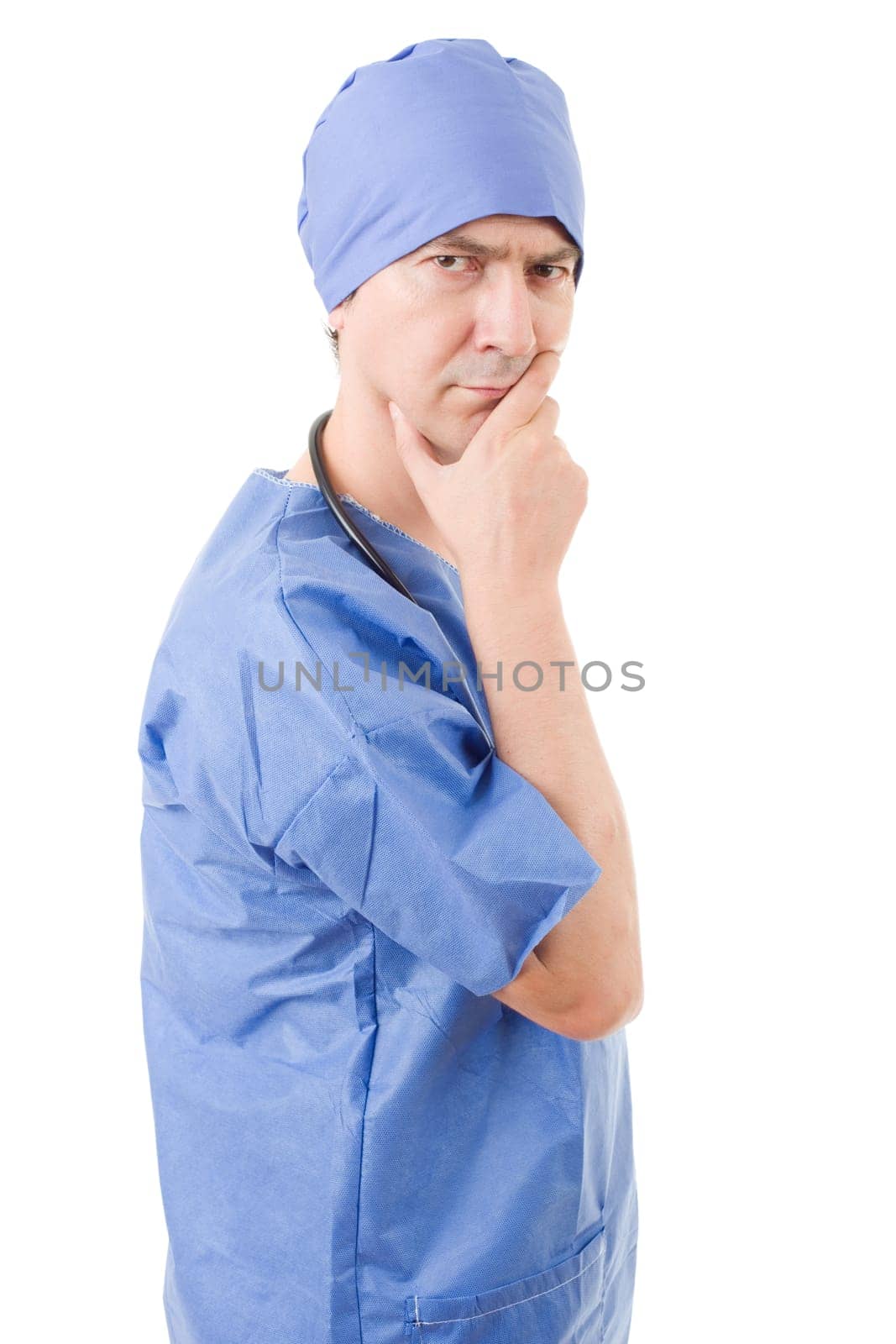 doctor thinking with his notes, isolated over white background