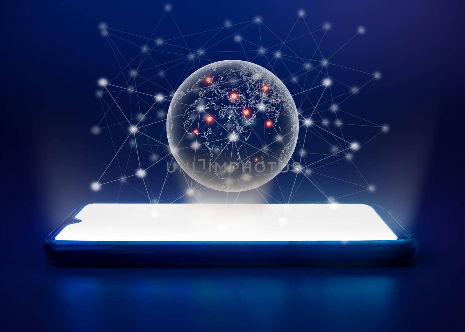 Concept of global network and world of communication Using mobile hologram graphics as a narrative.