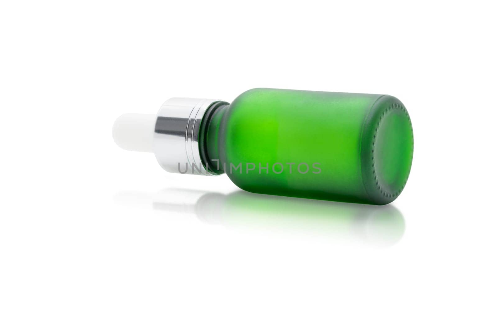 Green glass dropper serum bottle on white background, Mockup for cosmetic product design