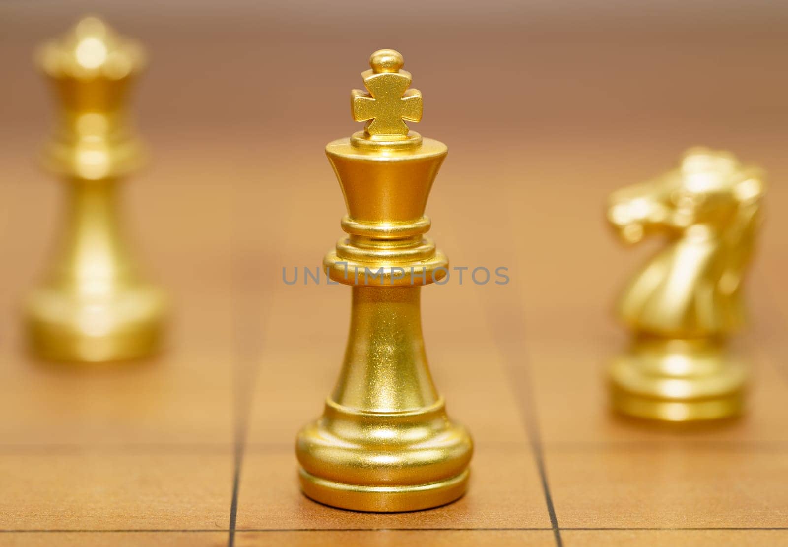 Gold king chess piece and various chess pieces stand on wood chessboard ,Concept of leadership game of strategy