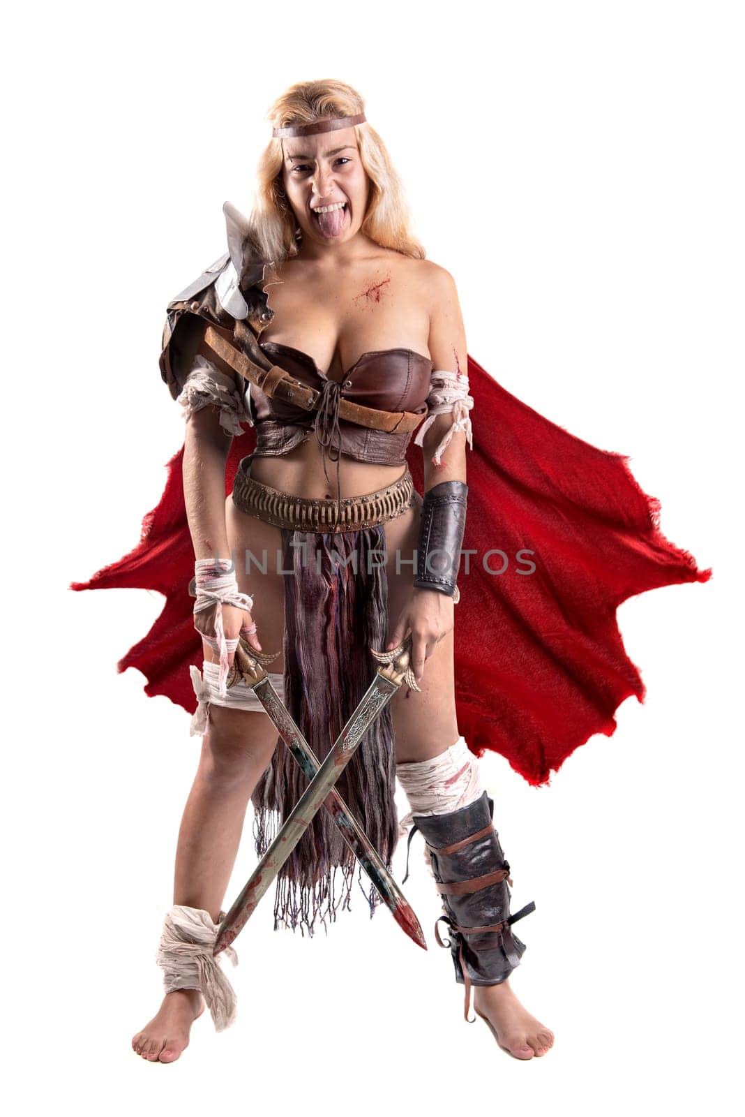Ancient woman warrior or Gladiator isolated in white