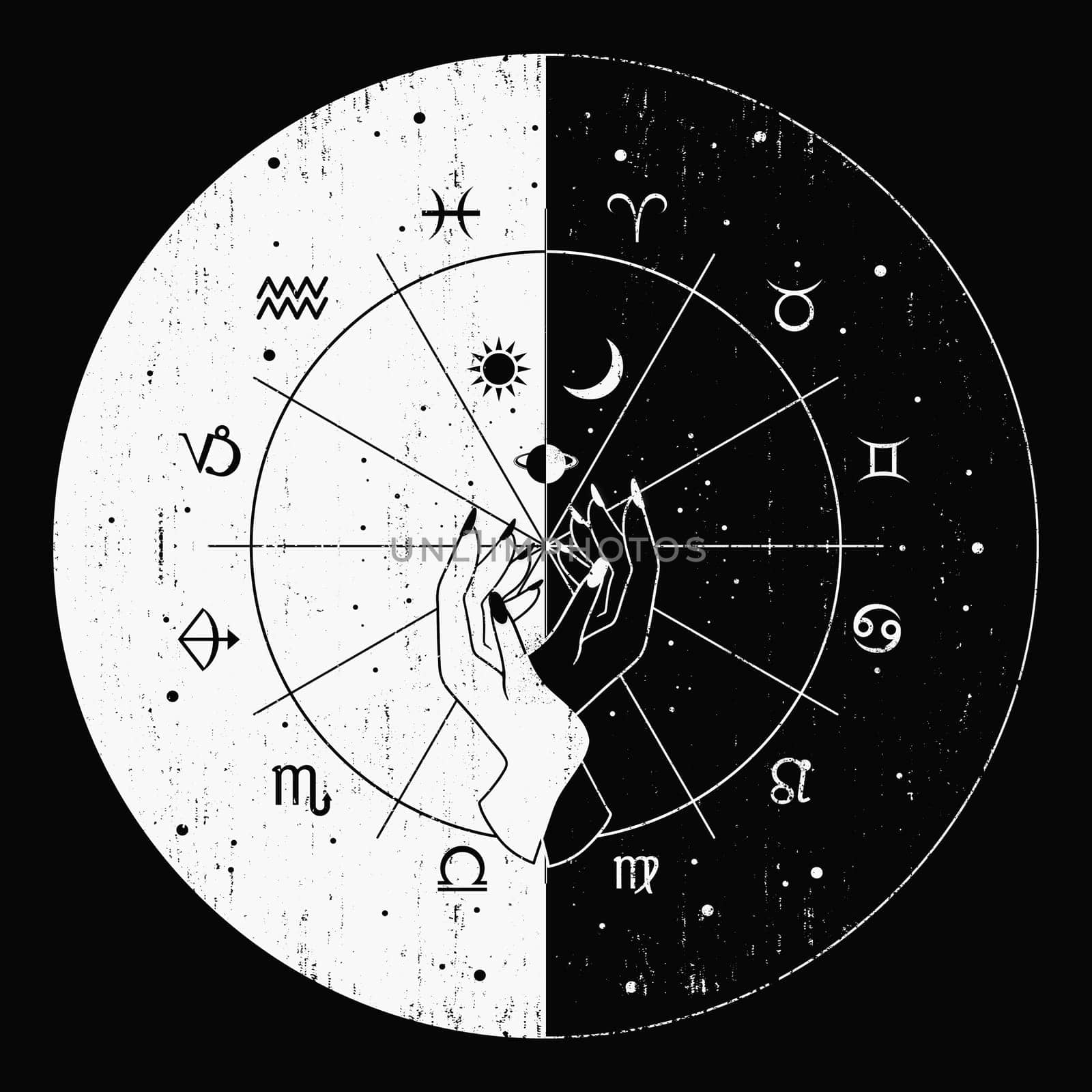 Esoteric illustration concept, witch or wizard hands doing occult tricks with celestial signs. Split design, day and night with the sun, moon and planet symbols inside the astrological, zodiac wheel.