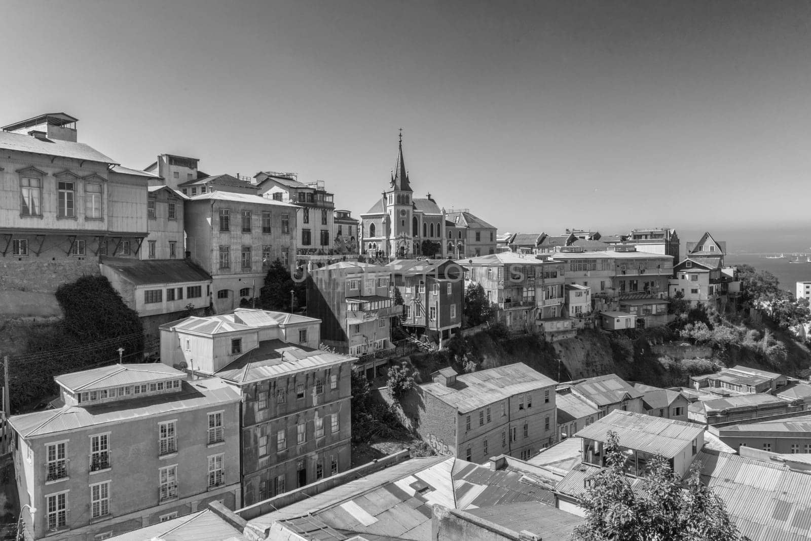 View of the old town of Valparaiso with Lutheran Church, Valparaiso, Chile