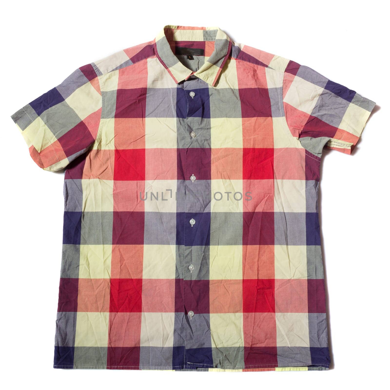 Summer shirt with short sleeves and blue red check pattern on a white background