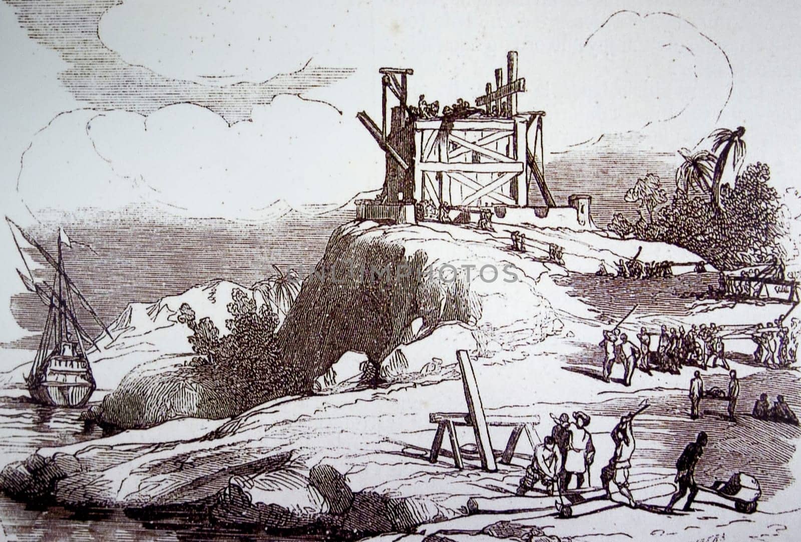La Navidad fort. The first European colony established in the New World during the Age of Discovery. 19th Century engraving