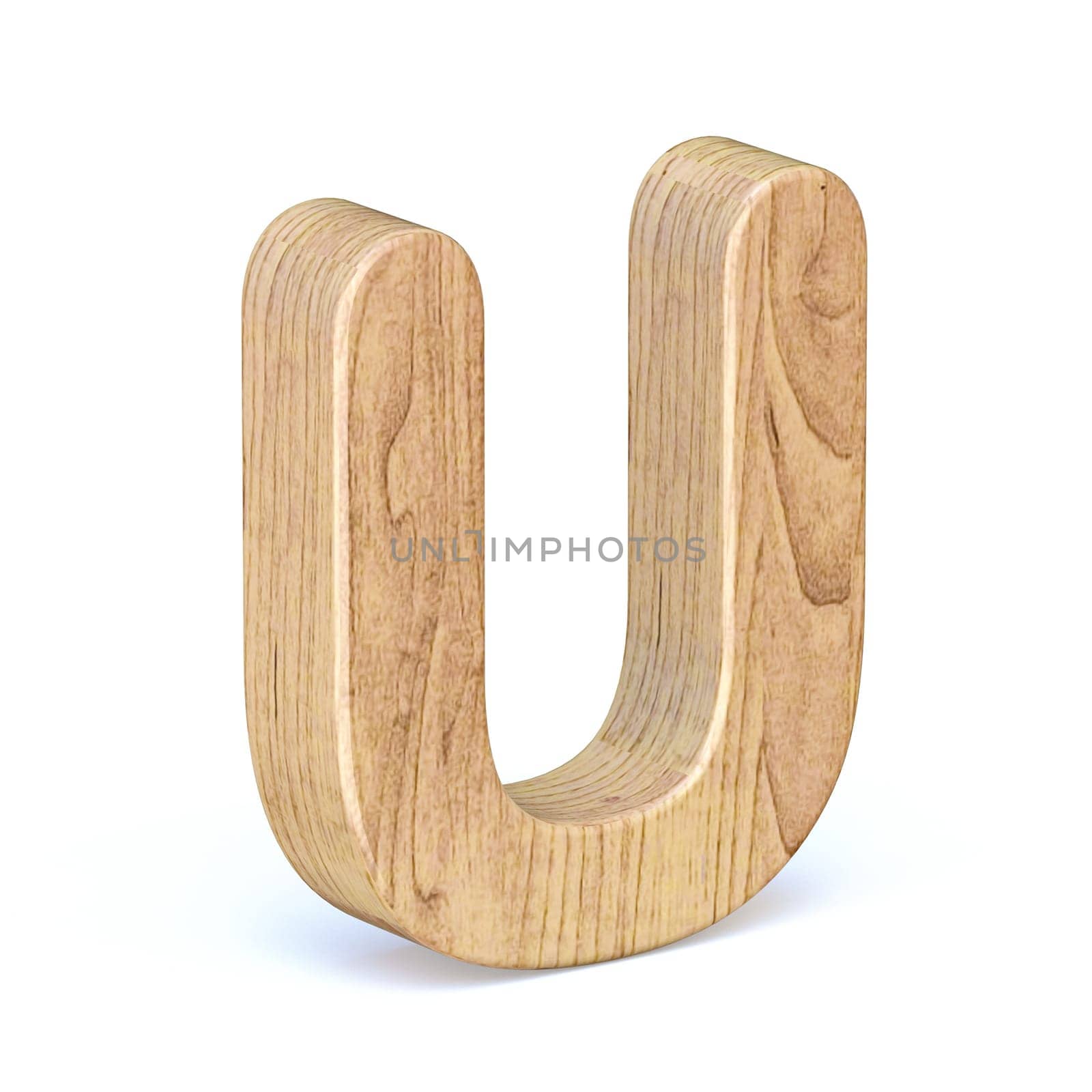 Rounded wooden font Letter U 3D render illustration isolated on white background