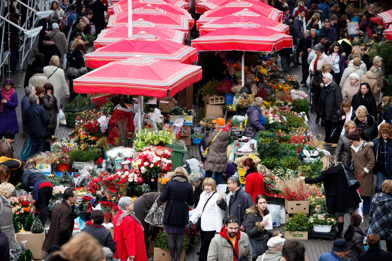People sell flowers at Dolac Market in Zagreb, Croatia