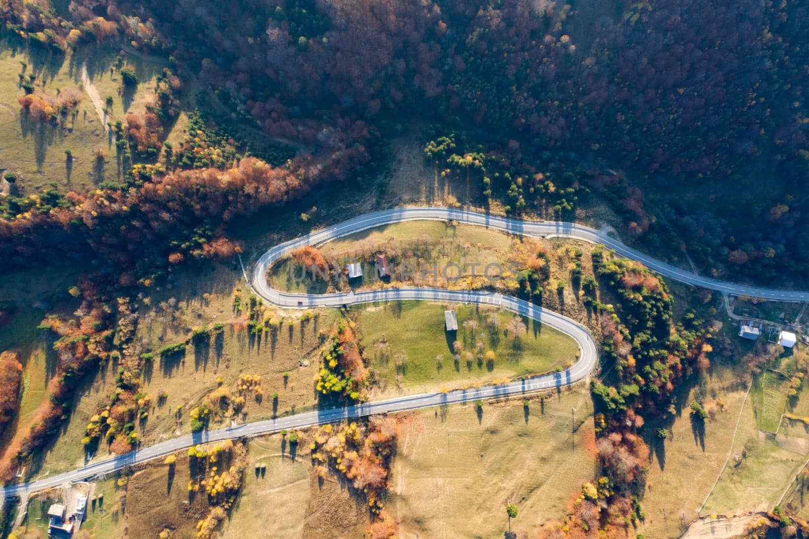 Aerial view of road in beautiful autumn forest at sunset.