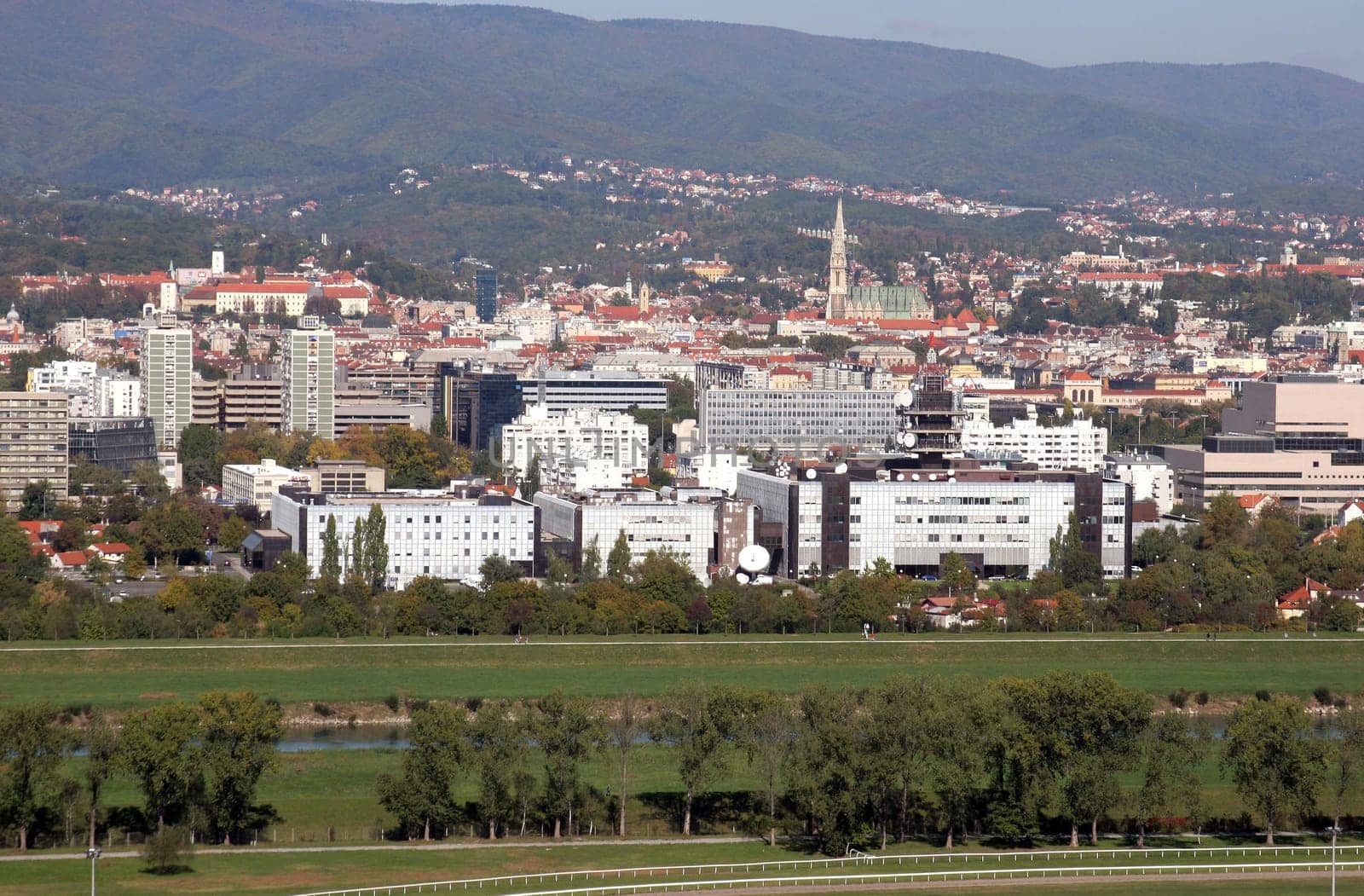 Croatian National Radio and Television Building of and the city of Zagreb in the background
