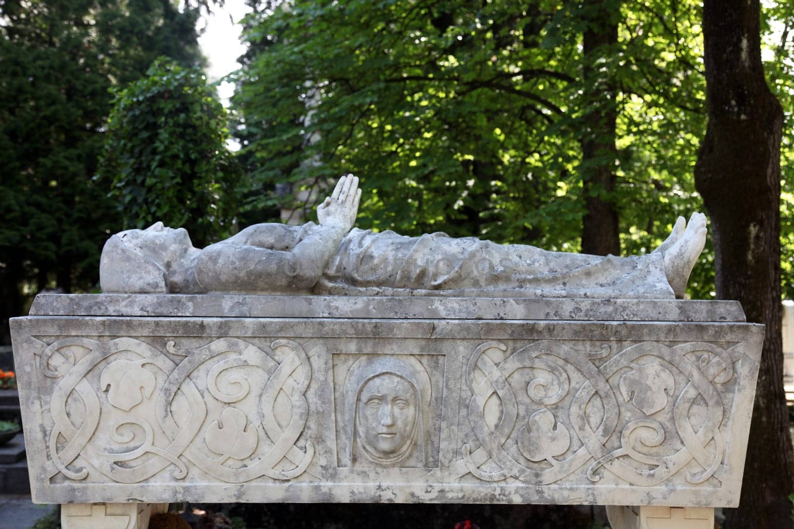 Detail of a mourning sculpture on a Mirogoj cemetery in Zagreb, Croatia