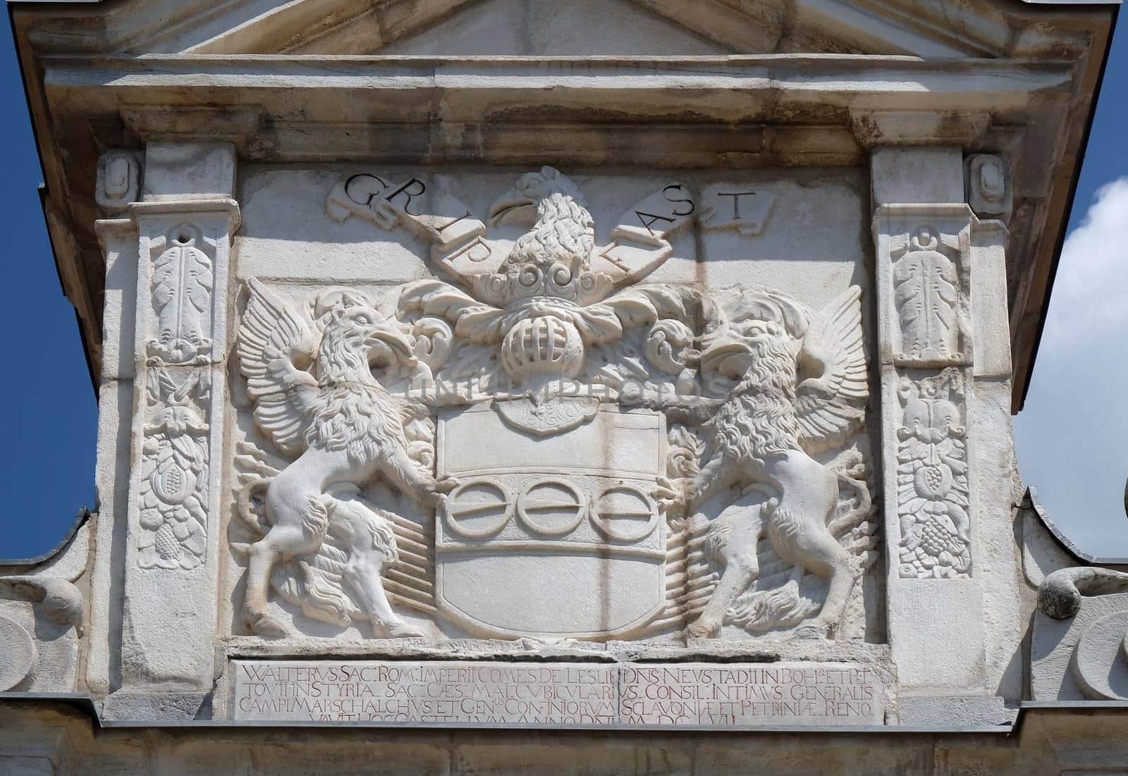 Coat of arms above entrance of Castle in Ptuj, town on the Drava River banks, Lower Styria Region, Slovenia