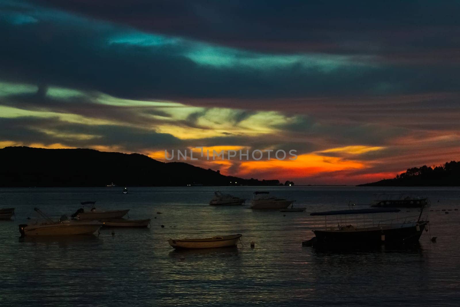The fishing boats on the beach. Night