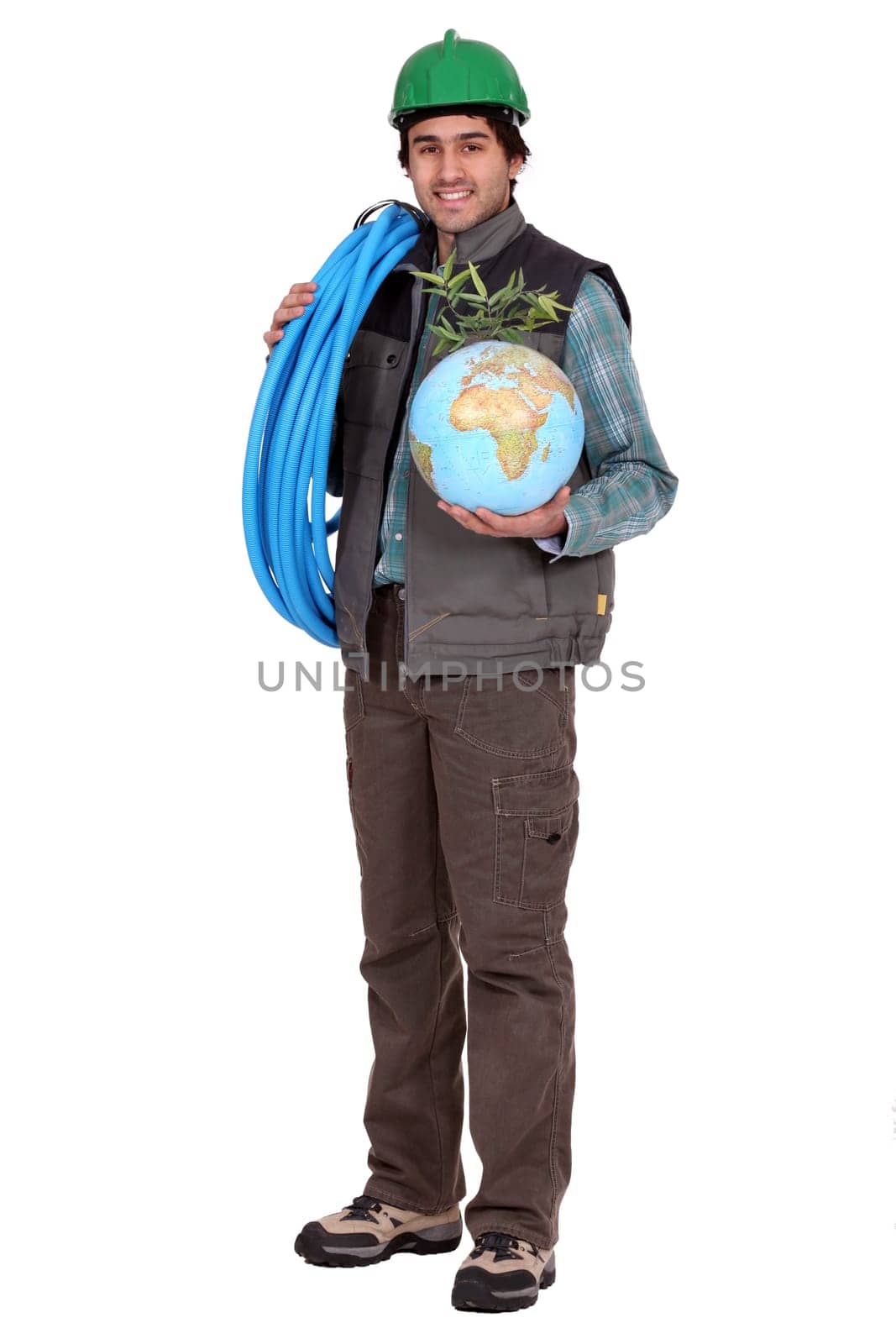 Workers with globe and plant