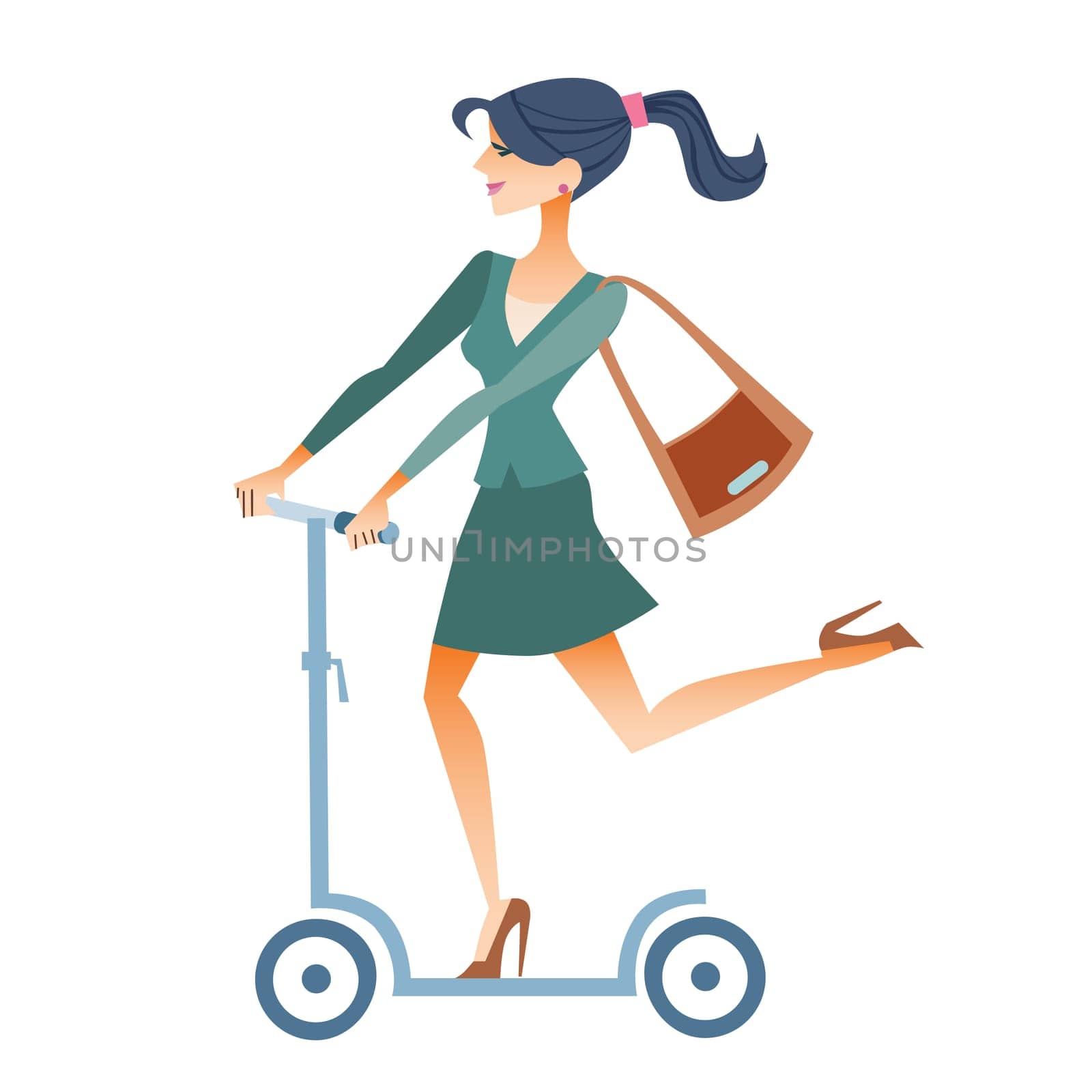Businesswoman in a suit on the scooter rides to work in the morning