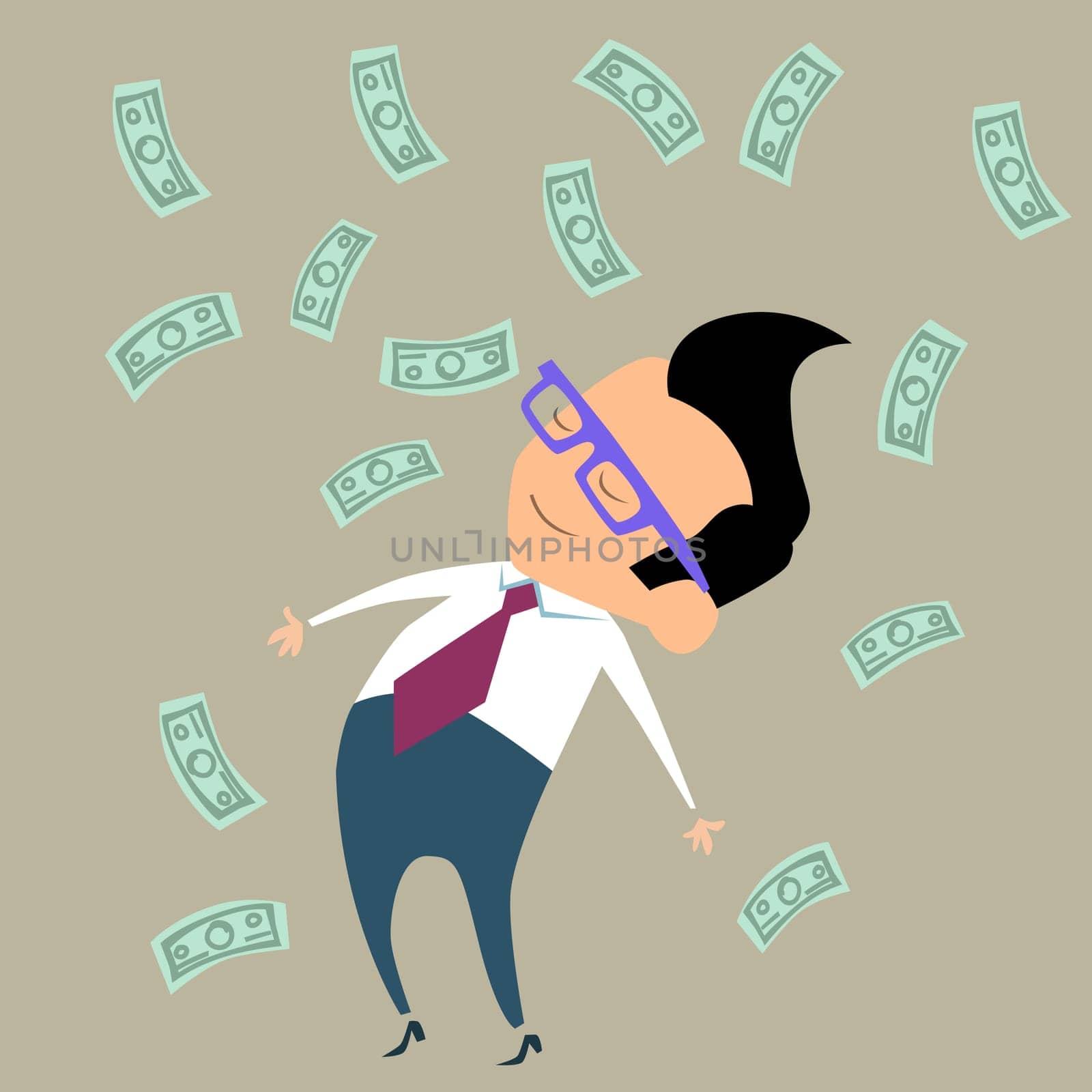 Office worker businessman happy standing in the midst of falling money