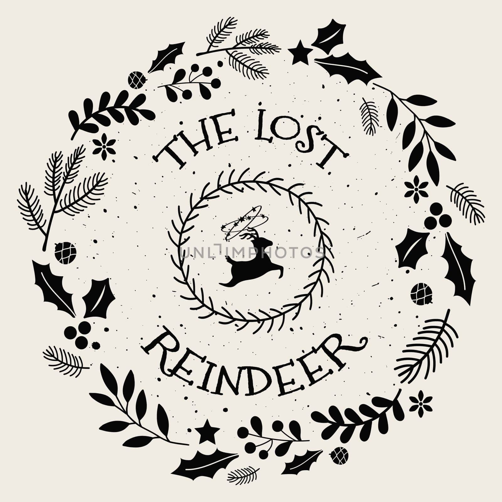 The lost reindeer funny text art seasonal illustration with different holiday symbols surrounded by a Christmas wreath. New year conceptual decorations and colors, pine twigs, berries and garlands.